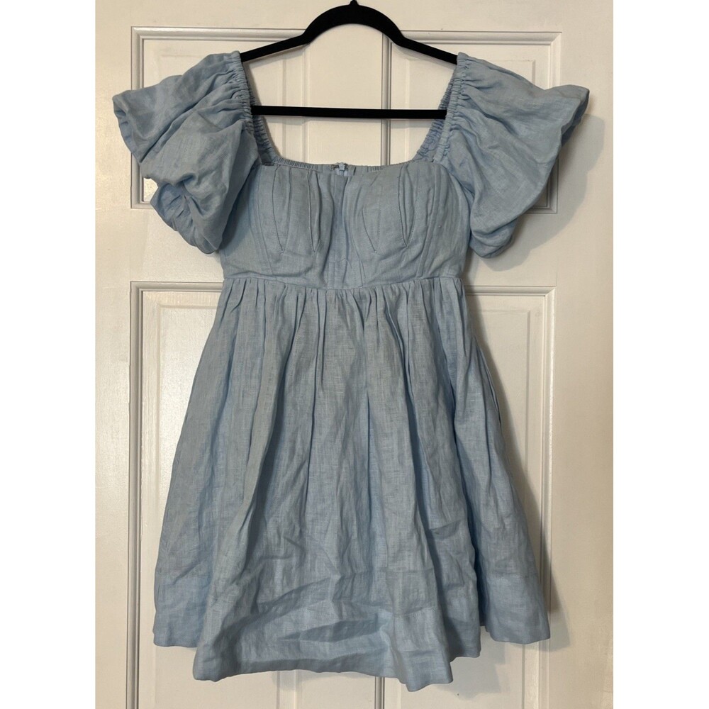 SOVERE Relish Mini Dress XS Linen Babydoll Blue Puff Sleeve Revolve Coquette